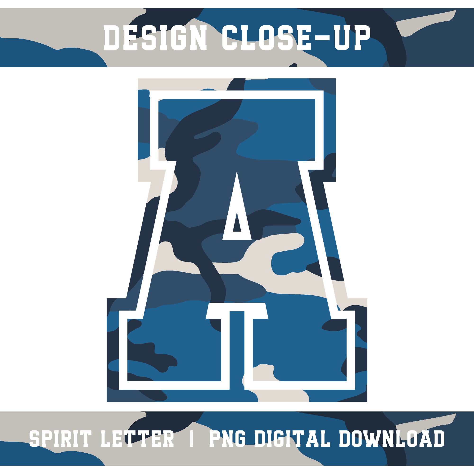 Blue Camouflage Varsity Alphabet and Numbers PNG Set