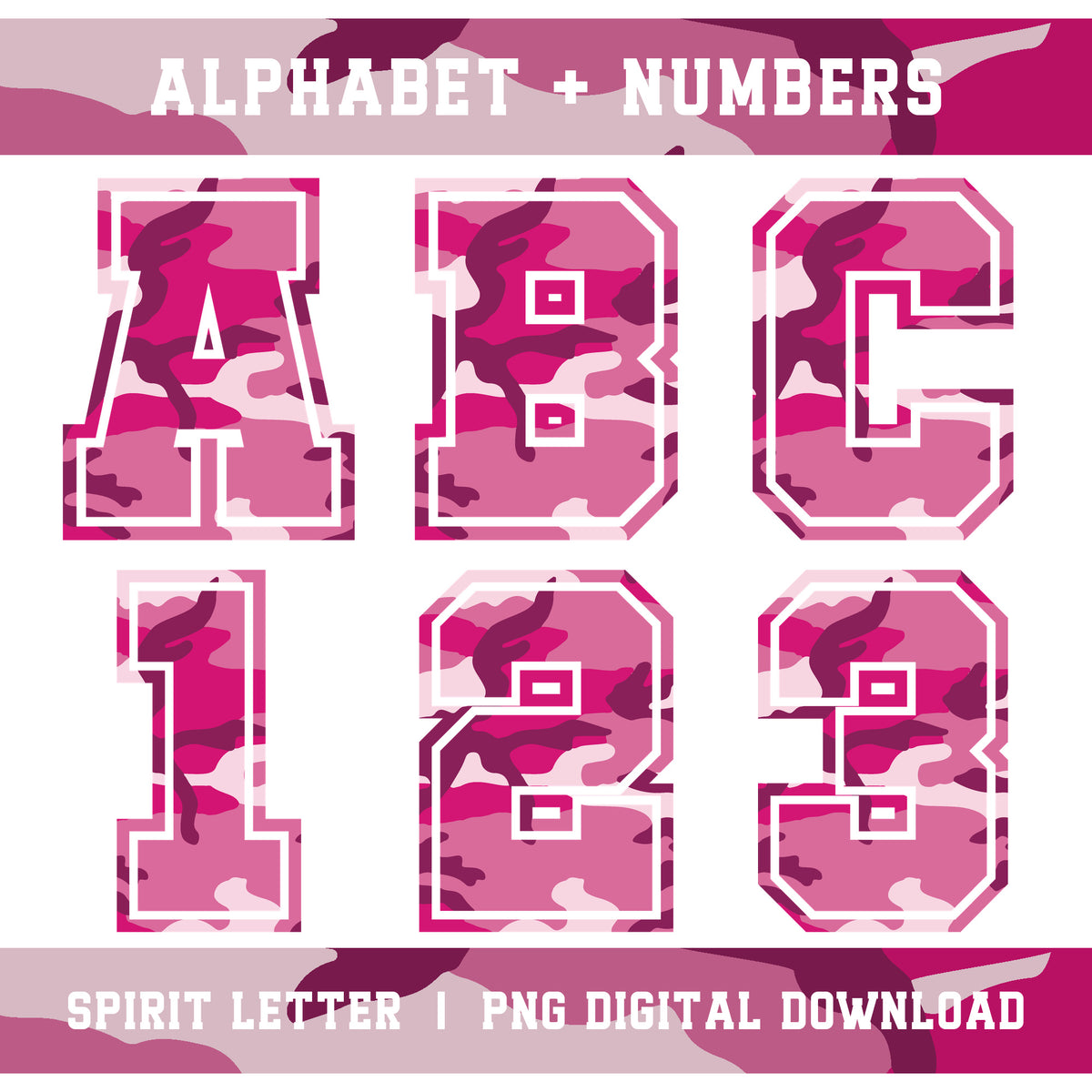 Hot Pink Camouflage Varsity Alphabet and Numbers PNG Set