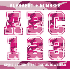Hot Pink Camouflage Varsity Alphabet and Numbers PNG Set