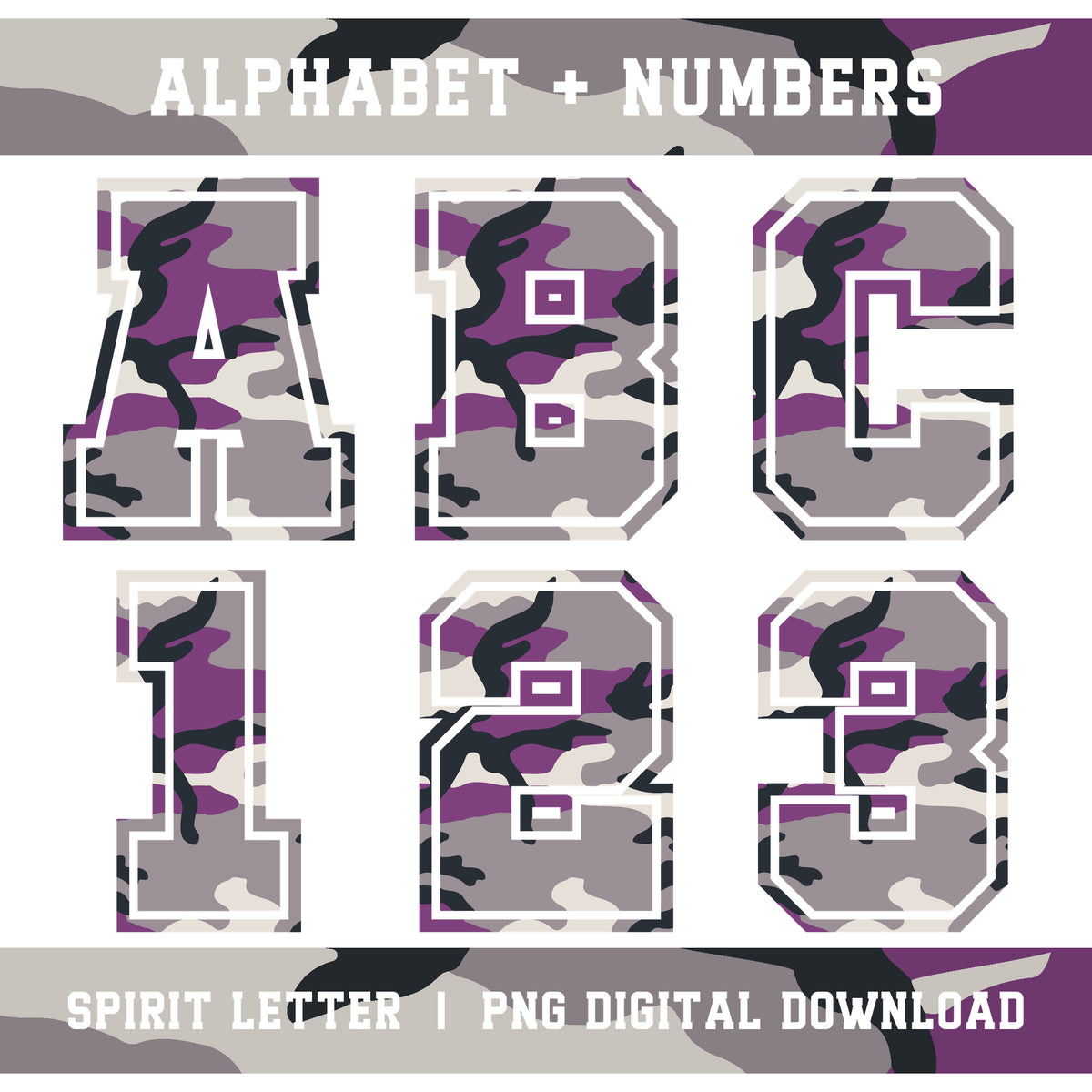 Purple Camouflage Varsity Alphabet and Numbers PNG Set