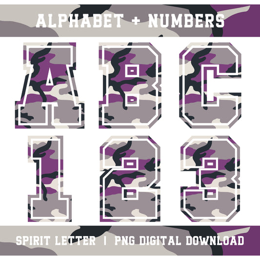 Purple Camouflage Varsity Alphabet and Numbers PNG Set