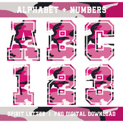Pink Camouflage Varsity Alphabet and Numbers PNG Set