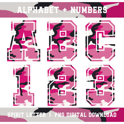 Pink Camouflage Varsity Alphabet and Numbers PNG Set
