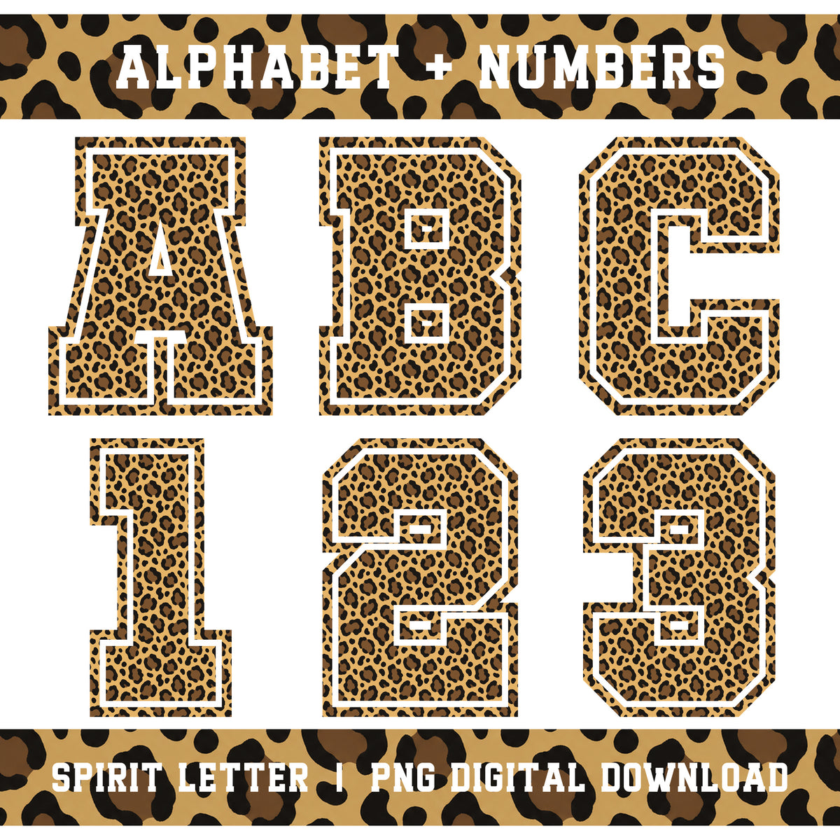 Leopard Varsity Alphabet and Numbers PNG Set