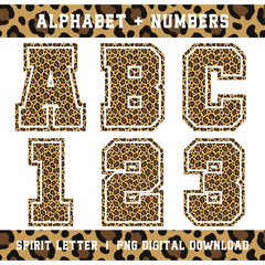 Leopard Varsity Alphabet and Numbers PNG Set