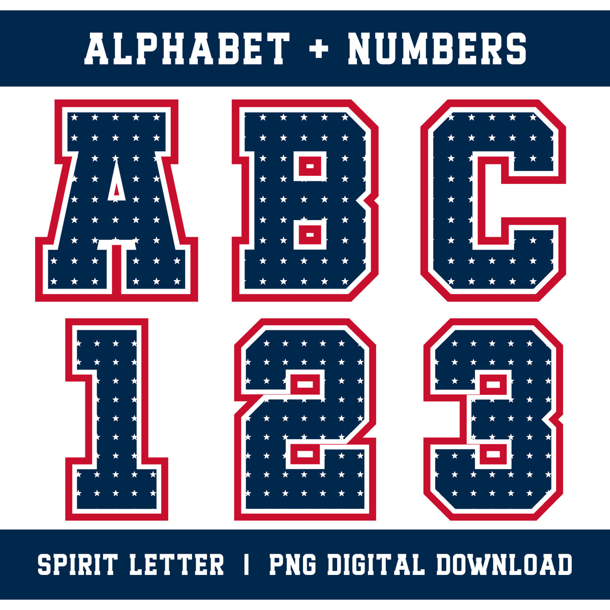 Custom Personalized Team Color Stars Varsity Alphabet and Numbers PNG Set