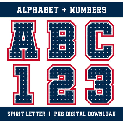 Custom Personalized Team Color Stars Varsity Alphabet and Numbers PNG Set