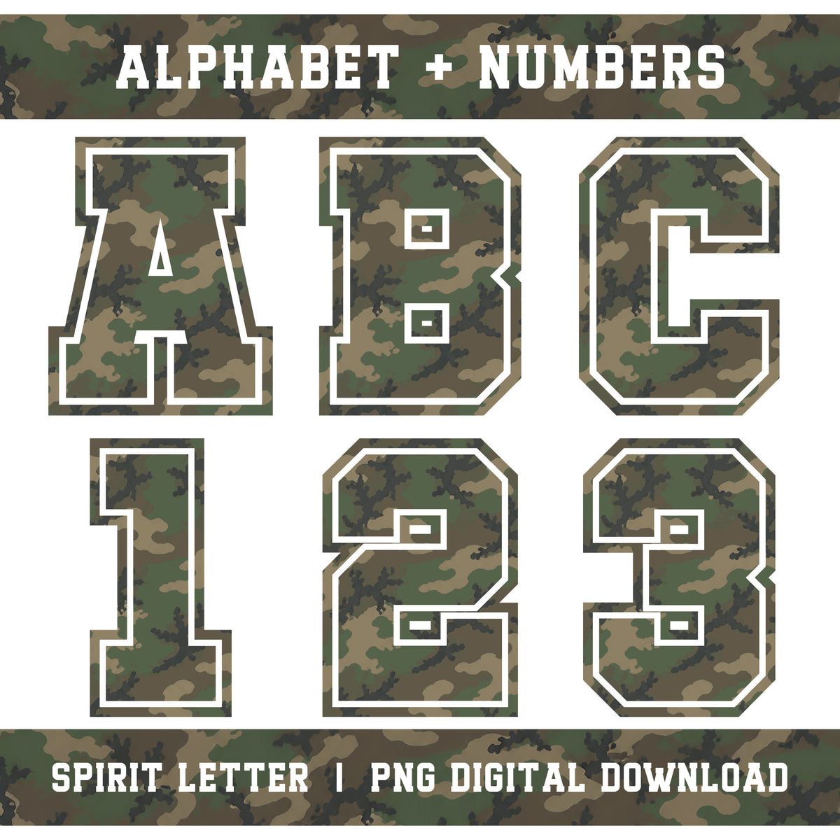 Woodland Camouflage Varsity Alphabet and Numbers PNG Set