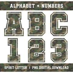 Woodland Camouflage Varsity Alphabet and Numbers PNG Set