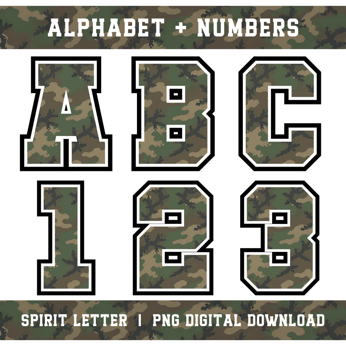 Custom Personalized Camouflage Varsity Alphabet and Numbers PNG Set