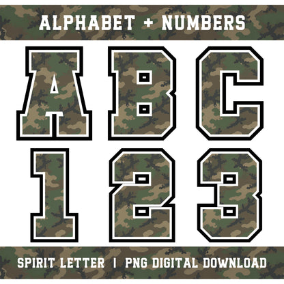 Custom Personalized Camouflage Varsity Alphabet and Numbers PNG Set