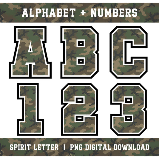 Custom Personalized Camouflage Varsity Alphabet and Numbers PNG Set