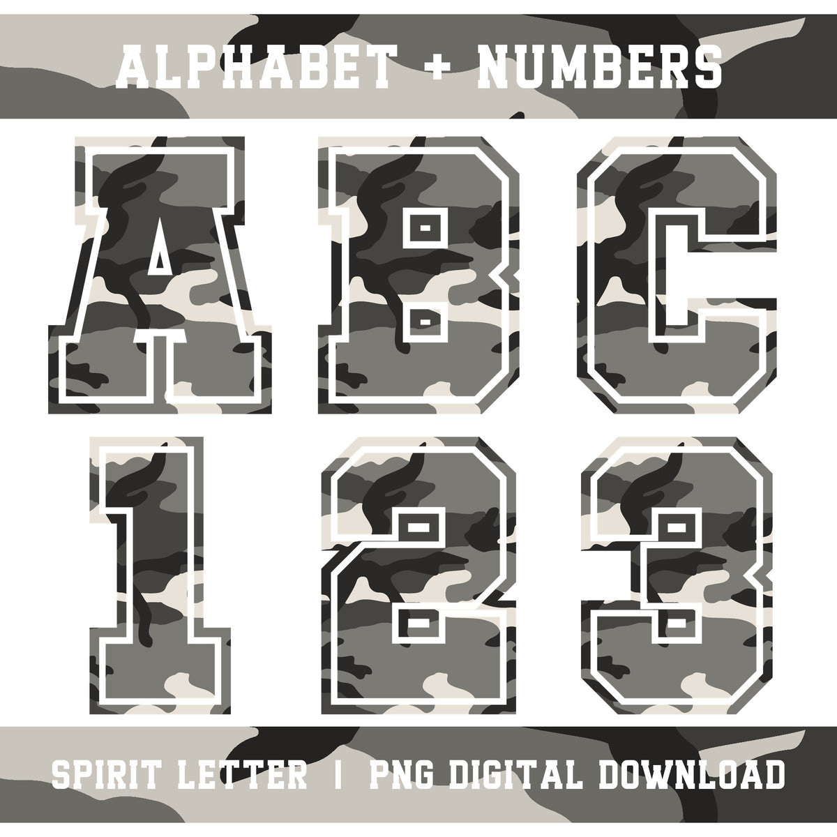 Urban Camouflage Varsity Alphabet and Numbers PNG Set