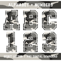 Urban Camouflage Varsity Alphabet and Numbers PNG Set
