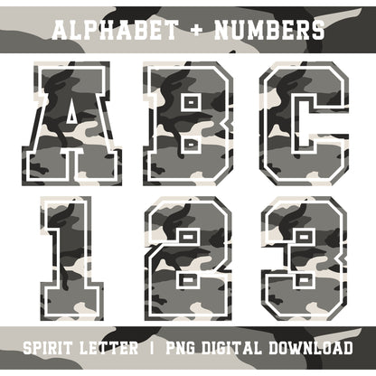 Urban Camouflage Varsity Alphabet and Numbers PNG Set
