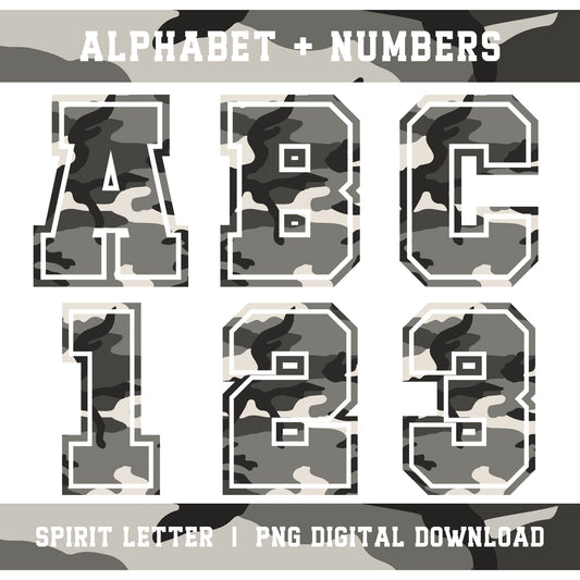 Urban Camouflage Varsity Alphabet and Numbers PNG Set
