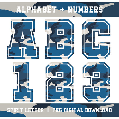 Blue Camouflage Varsity Alphabet and Numbers PNG Set
