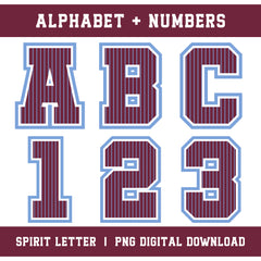 Custom Personalized Team Color Pinstripe Varsity Alphabet and Numbers PNG Set
