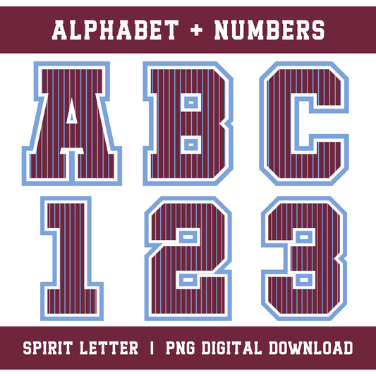 Custom Personalized Team Color Pinstripe Varsity Alphabet and Numbers PNG Set
