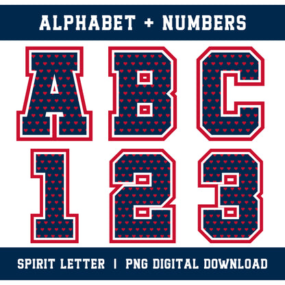 Custom Personalized Team Color Hearts Varsity Alphabet and Numbers PNG Set