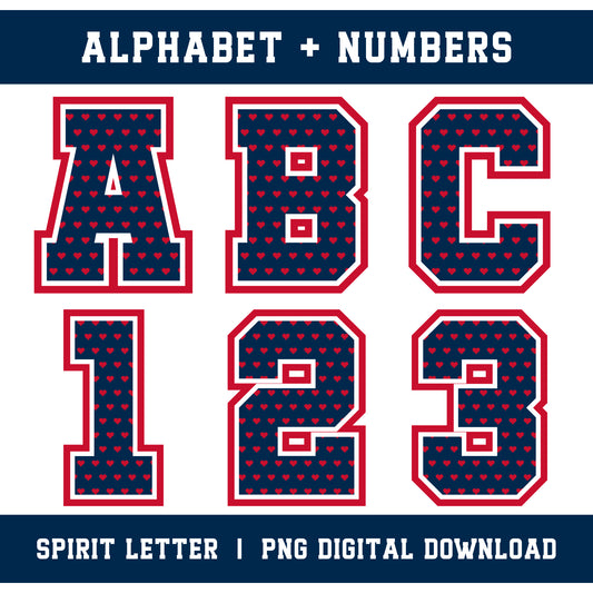 Custom Personalized Team Color Hearts Varsity Alphabet and Numbers PNG Set