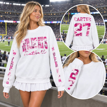 Custom Hot Pink Camouflage Varsity Team Personalized Long Sleeve School Spirit PNG Designs