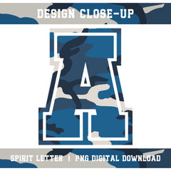 Blue Camouflage Varsity Alphabet and Numbers PNG Set