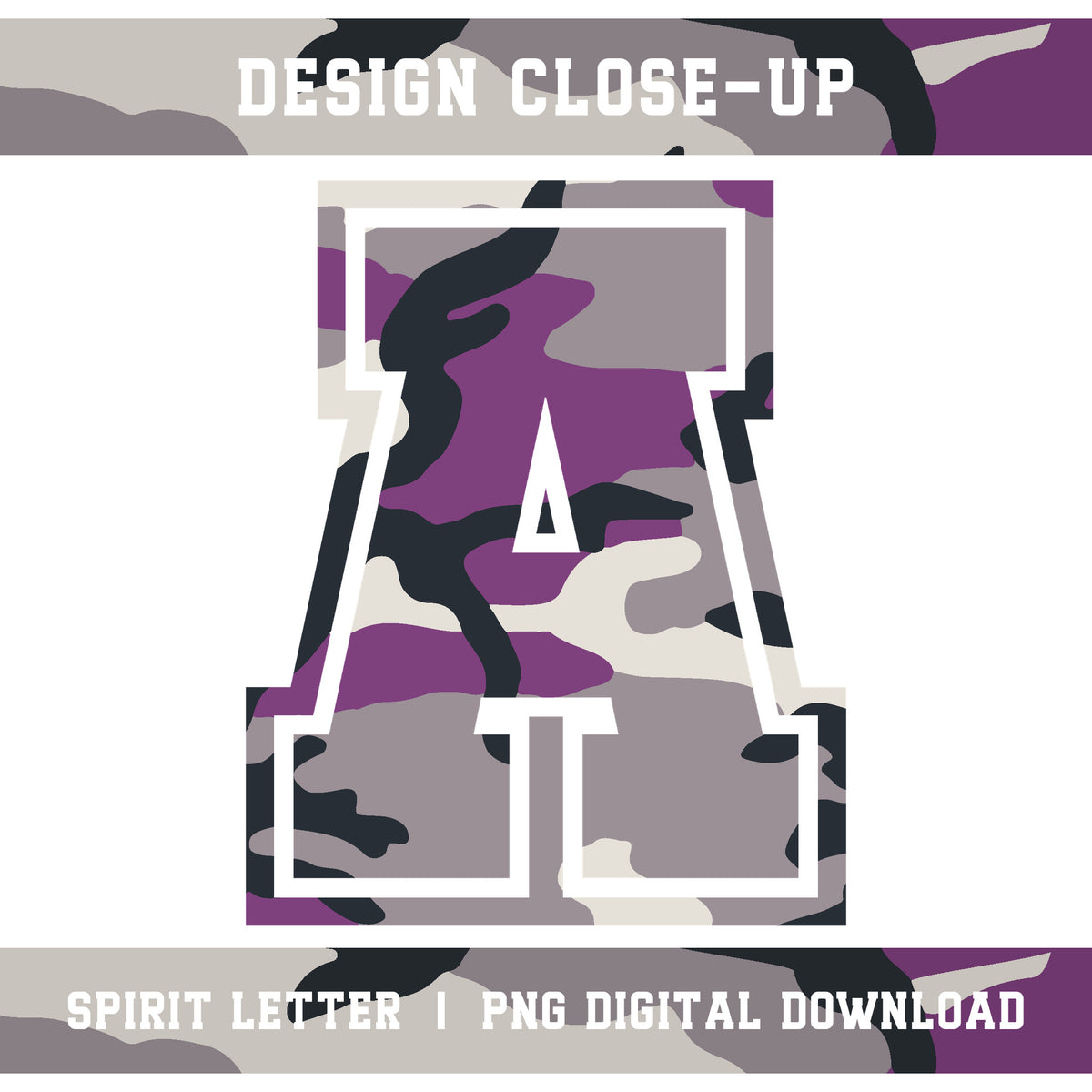 Purple Camouflage Varsity Alphabet and Numbers PNG Set