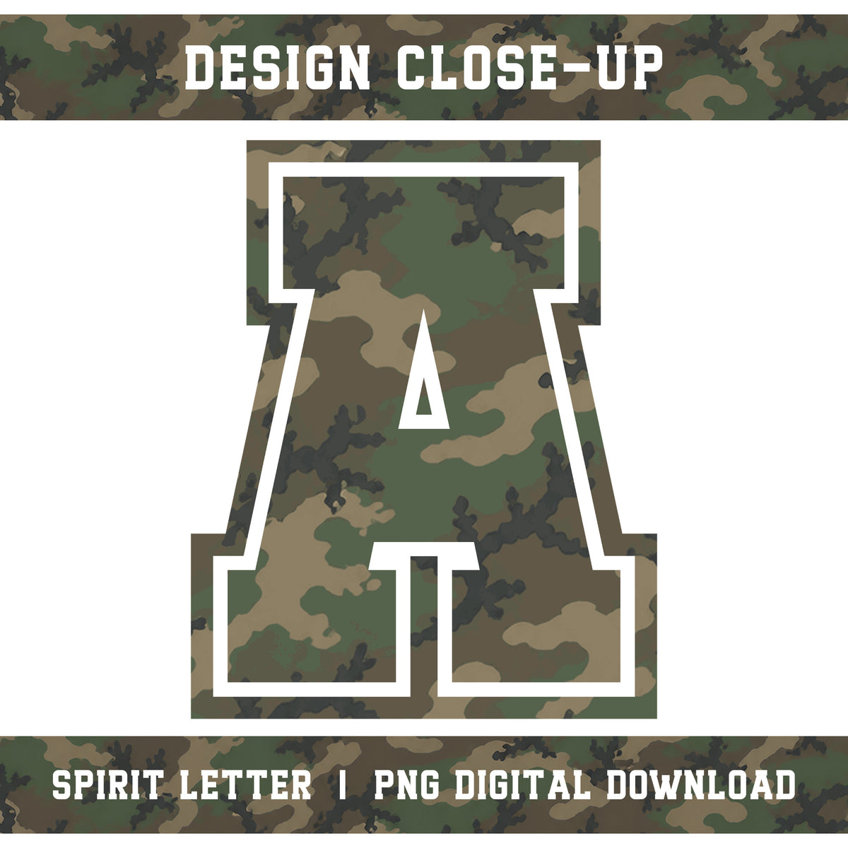 Woodland Camouflage Varsity Alphabet and Numbers PNG Set