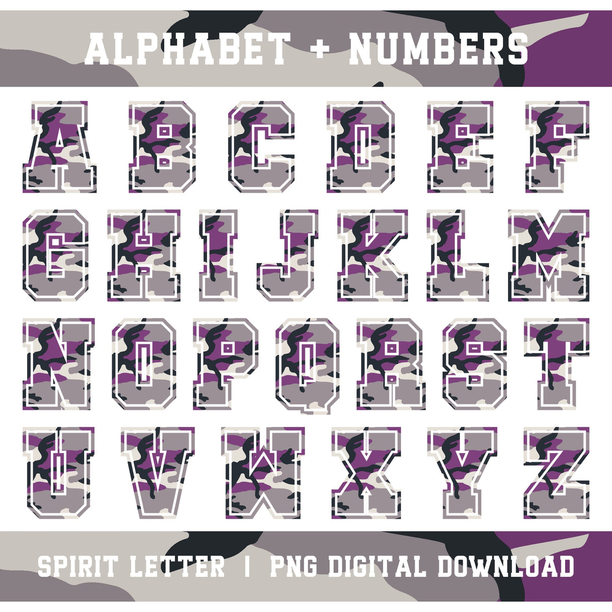 Purple Camouflage Varsity Alphabet and Numbers PNG Set