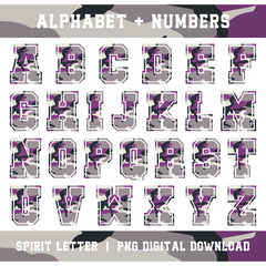 Purple Camouflage Varsity Alphabet and Numbers PNG Set
