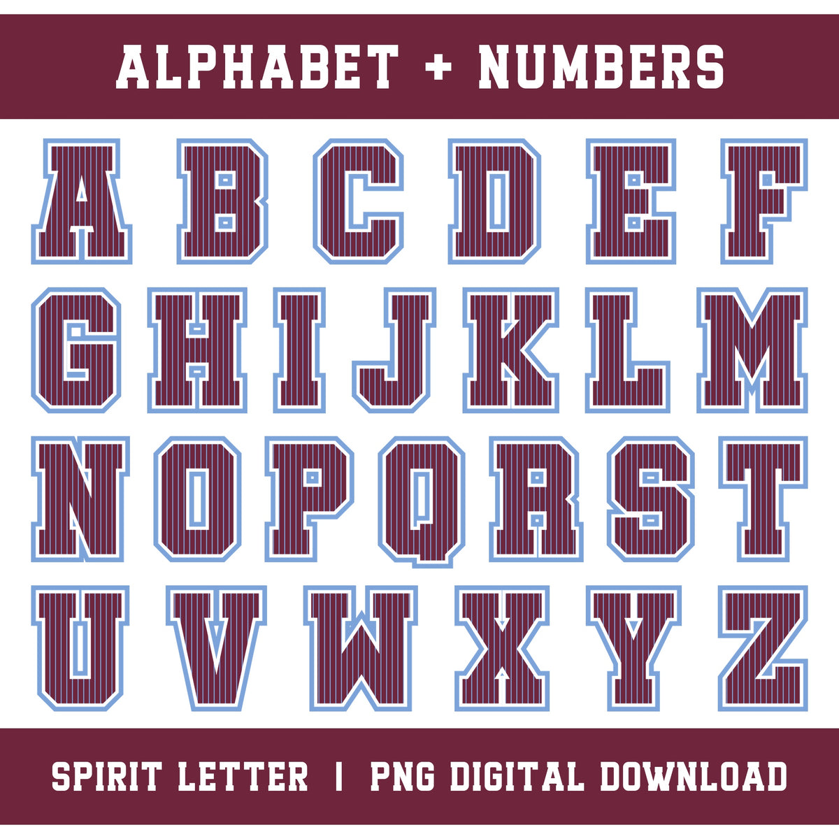 Custom Personalized Team Color Pinstripe Varsity Alphabet and Numbers PNG Set