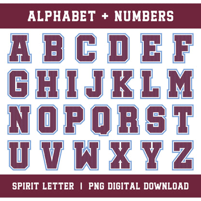 Custom Personalized Team Color Pinstripe Varsity Alphabet and Numbers PNG Set