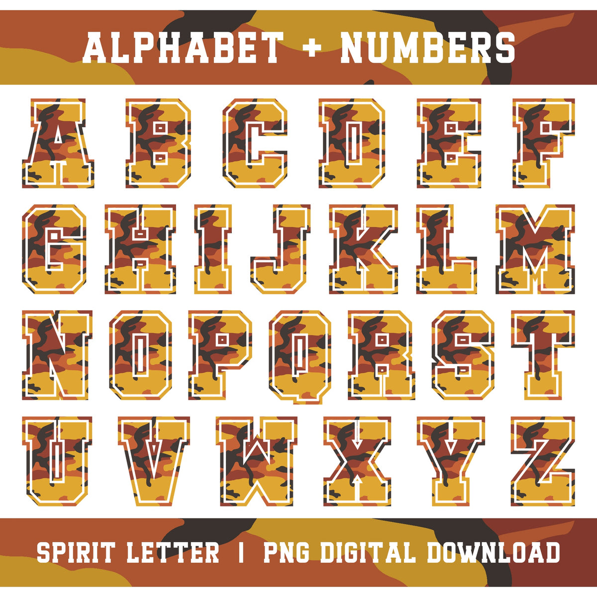 Orange Camouflage Varsity Alphabet and Numbers PNG Set