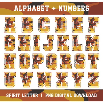Orange Camouflage Varsity Alphabet and Numbers PNG Set
