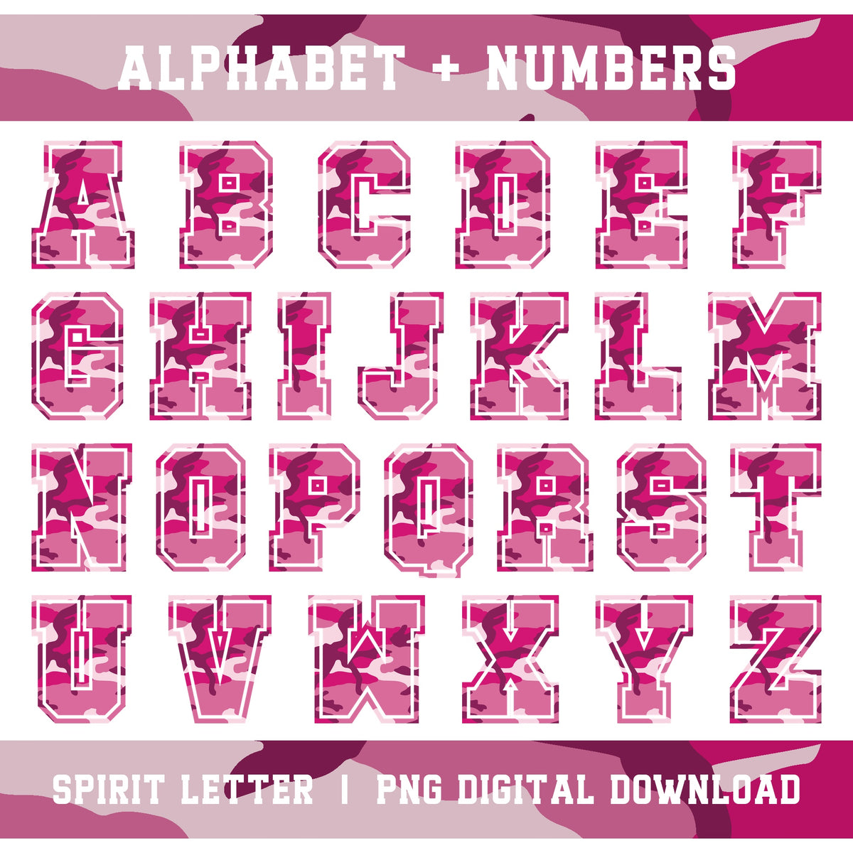Hot Pink Camouflage Varsity Alphabet and Numbers PNG Set
