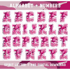 Hot Pink Camouflage Varsity Alphabet and Numbers PNG Set