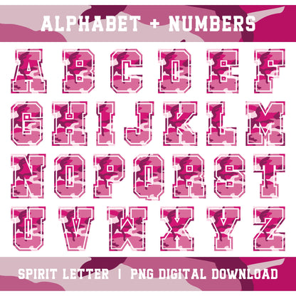 Hot Pink Camouflage Varsity Alphabet and Numbers PNG Set