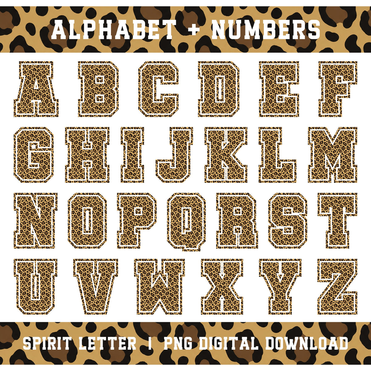 Leopard Varsity Alphabet and Numbers PNG Set