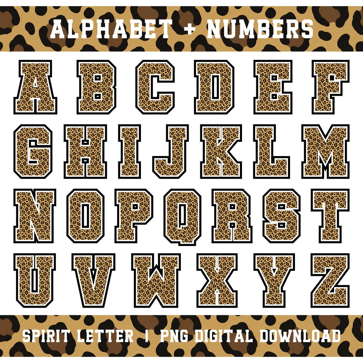 Custom Personalized Leopard Varsity Alphabet and Numbers PNG Set