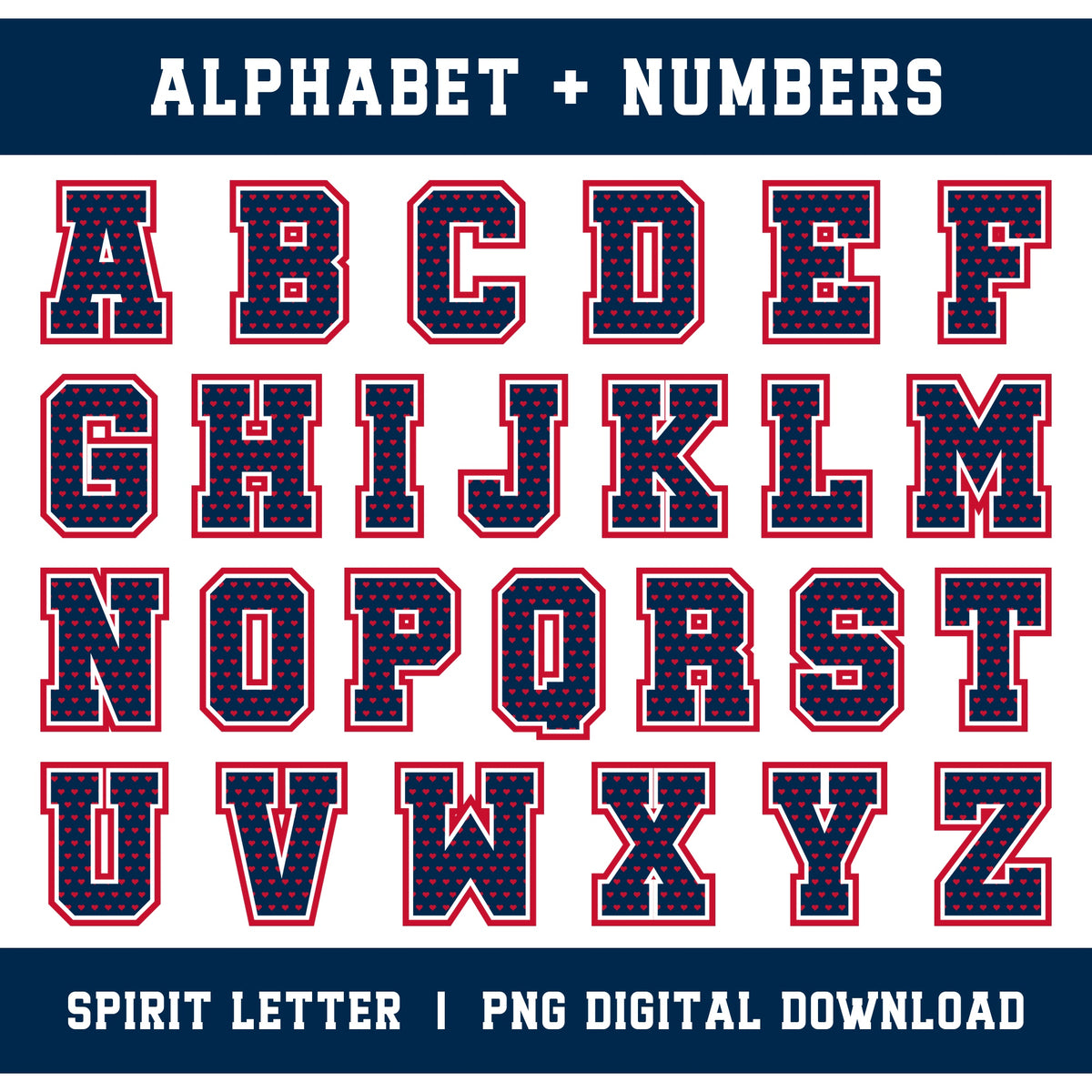 Custom Personalized Team Color Hearts Varsity Alphabet and Numbers PNG Set