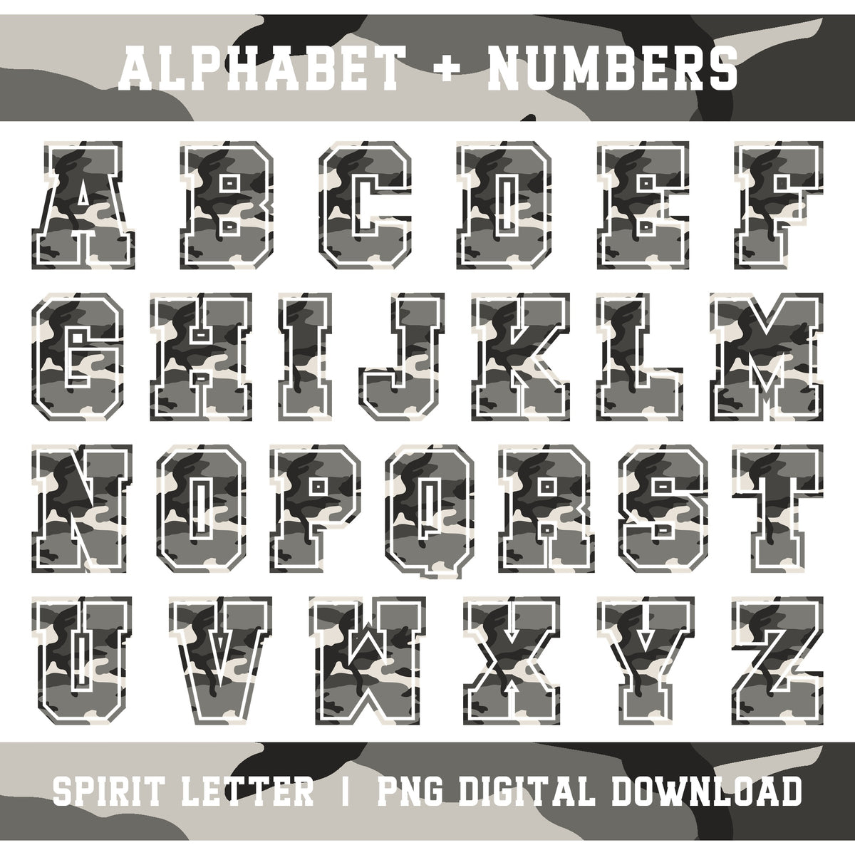 Urban Camouflage Varsity Alphabet and Numbers PNG Set