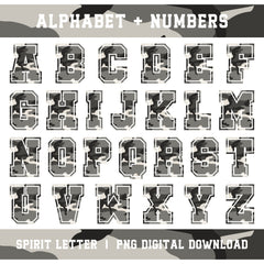 Urban Camouflage Varsity Alphabet and Numbers PNG Set