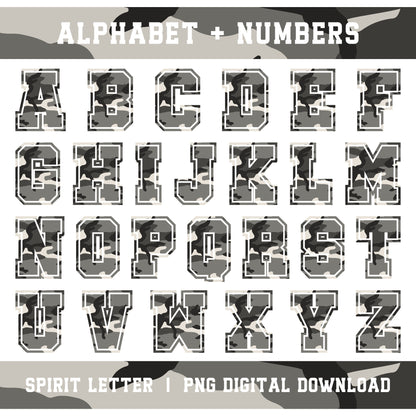 Urban Camouflage Varsity Alphabet and Numbers PNG Set