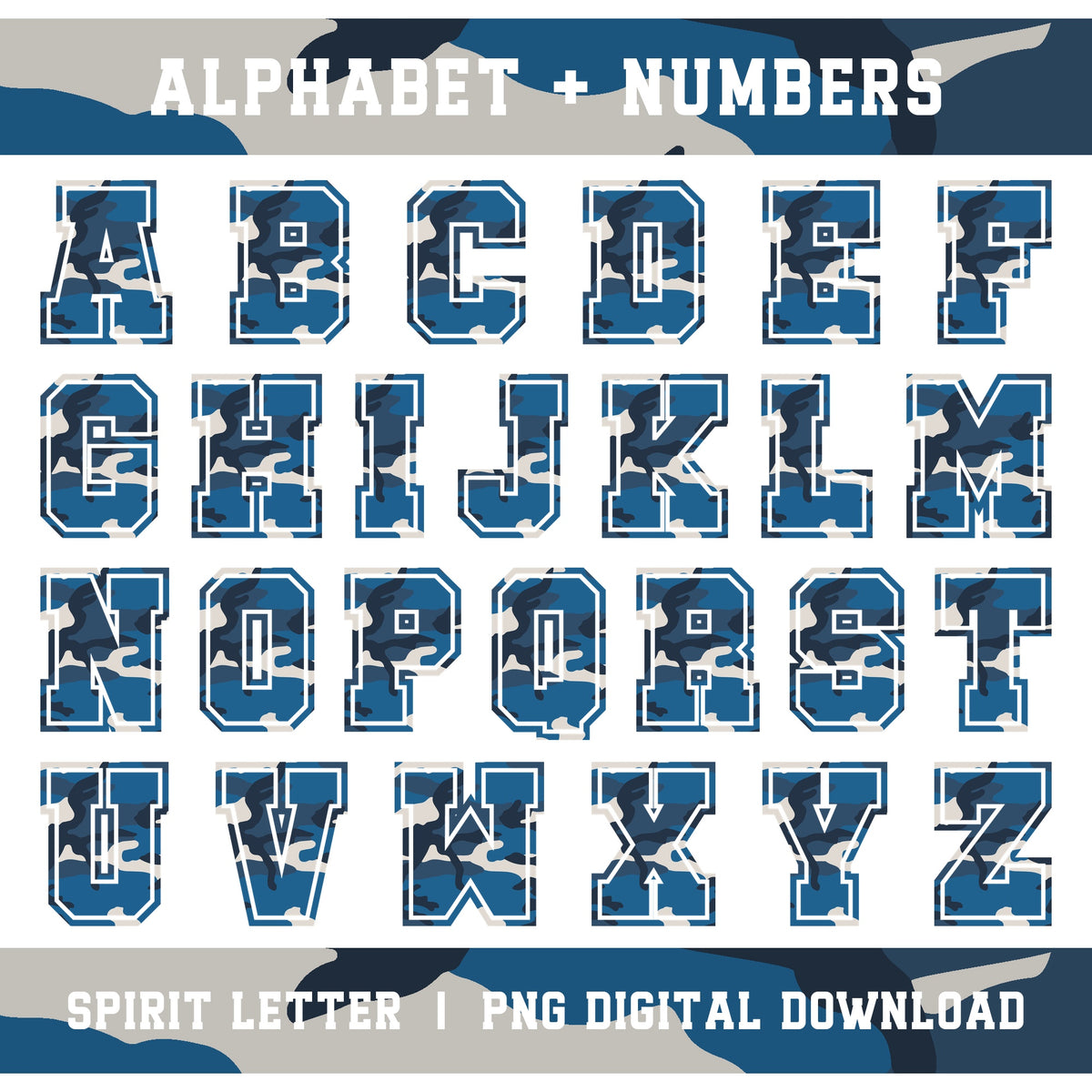 Blue Camouflage Varsity Alphabet and Numbers PNG Set