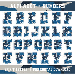 Blue Camouflage Varsity Alphabet and Numbers PNG Set