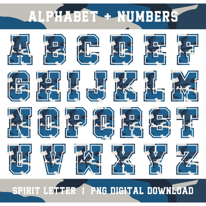 Blue Camouflage Varsity Alphabet and Numbers PNG Set