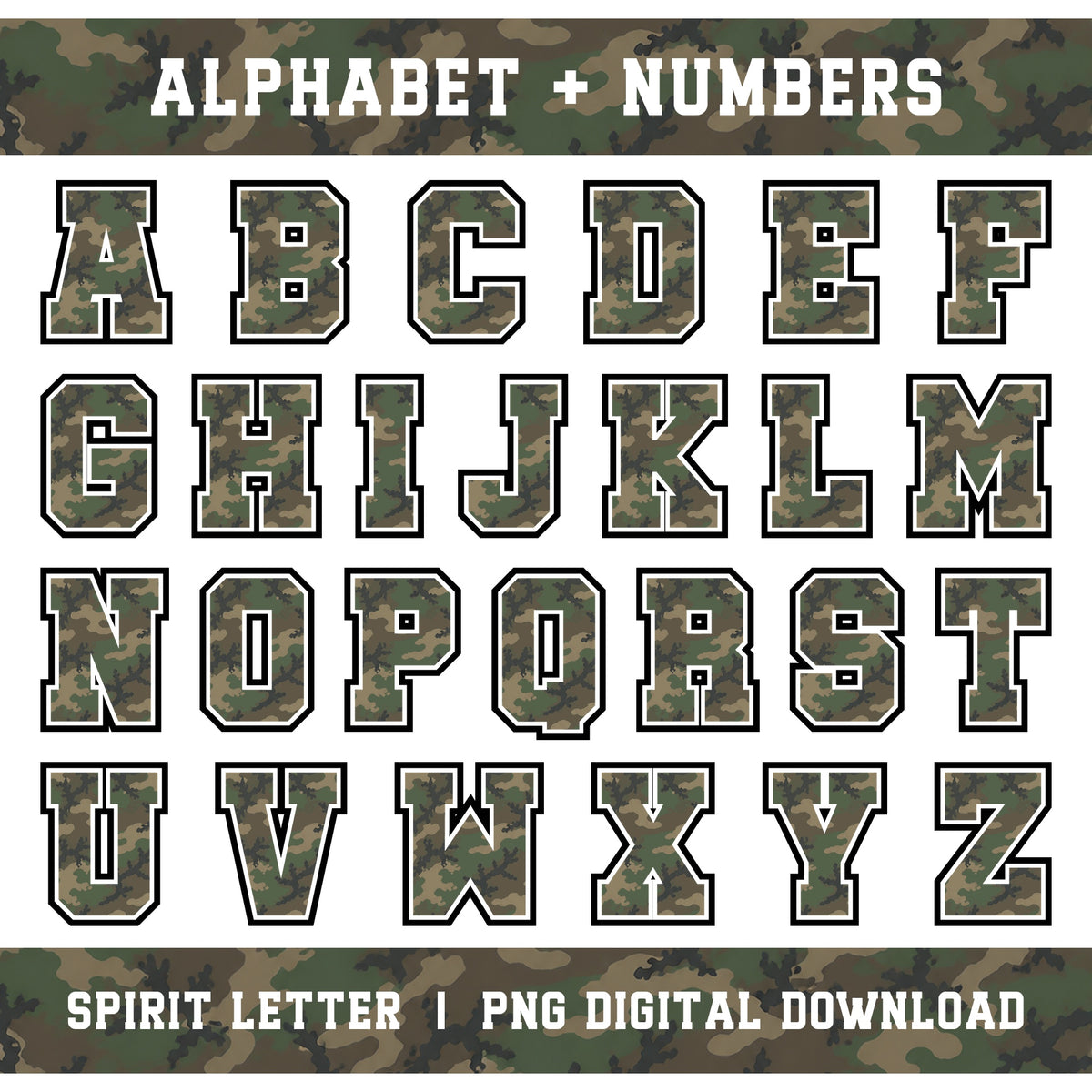 Custom Personalized Camouflage Varsity Alphabet and Numbers PNG Set