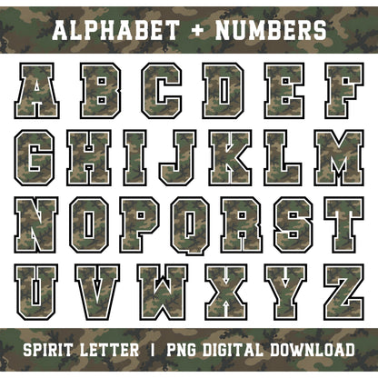 Custom Personalized Camouflage Varsity Alphabet and Numbers PNG Set