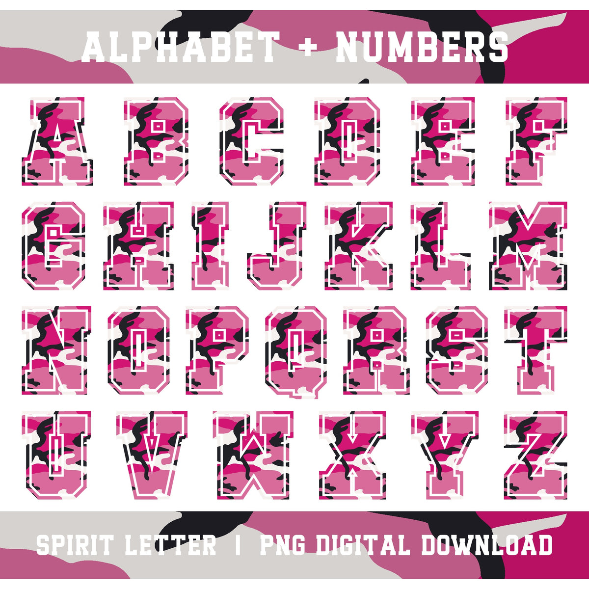 Pink Camouflage Varsity Alphabet and Numbers PNG Set
